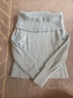 Francesca's Collections Light Blue Off-the-Shoulder Fuzzy Knit Sweater